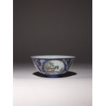 A CHINESE BLUE-GROUND FAMILLE ROSE MEDALLION 'LOVERS' BOWL LATE QING DYNASTY/REPUBLIC PERIOD The