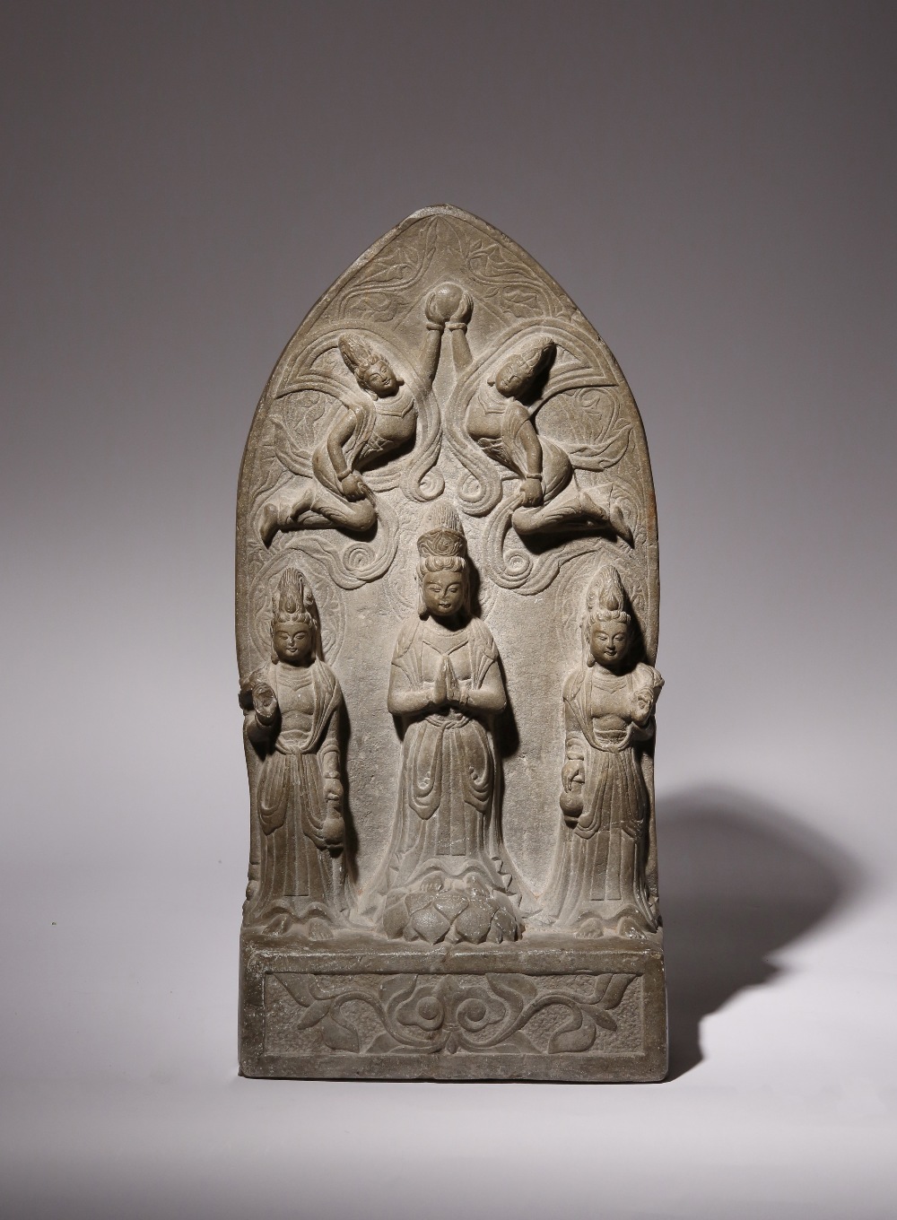 A MASSIVE CHINESE NORTHERN WEI STYLE GREY LIMESTONE STELE PROBABLY TANG DYNASTY Carved with