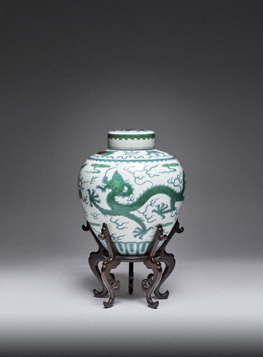 A FINE CHINESE IMPERIAL GREEN-ENAMELLED 'DRAGON' JAR AND COVER SIX CHARACTER QIANLONG MARK AND OF