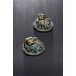 A PAIR OF CHINESE GOLD AND SILVER INLAID BRONZE 'TIGER AND BOAR' WEIGHTS PROBABLY WESTERN HAN