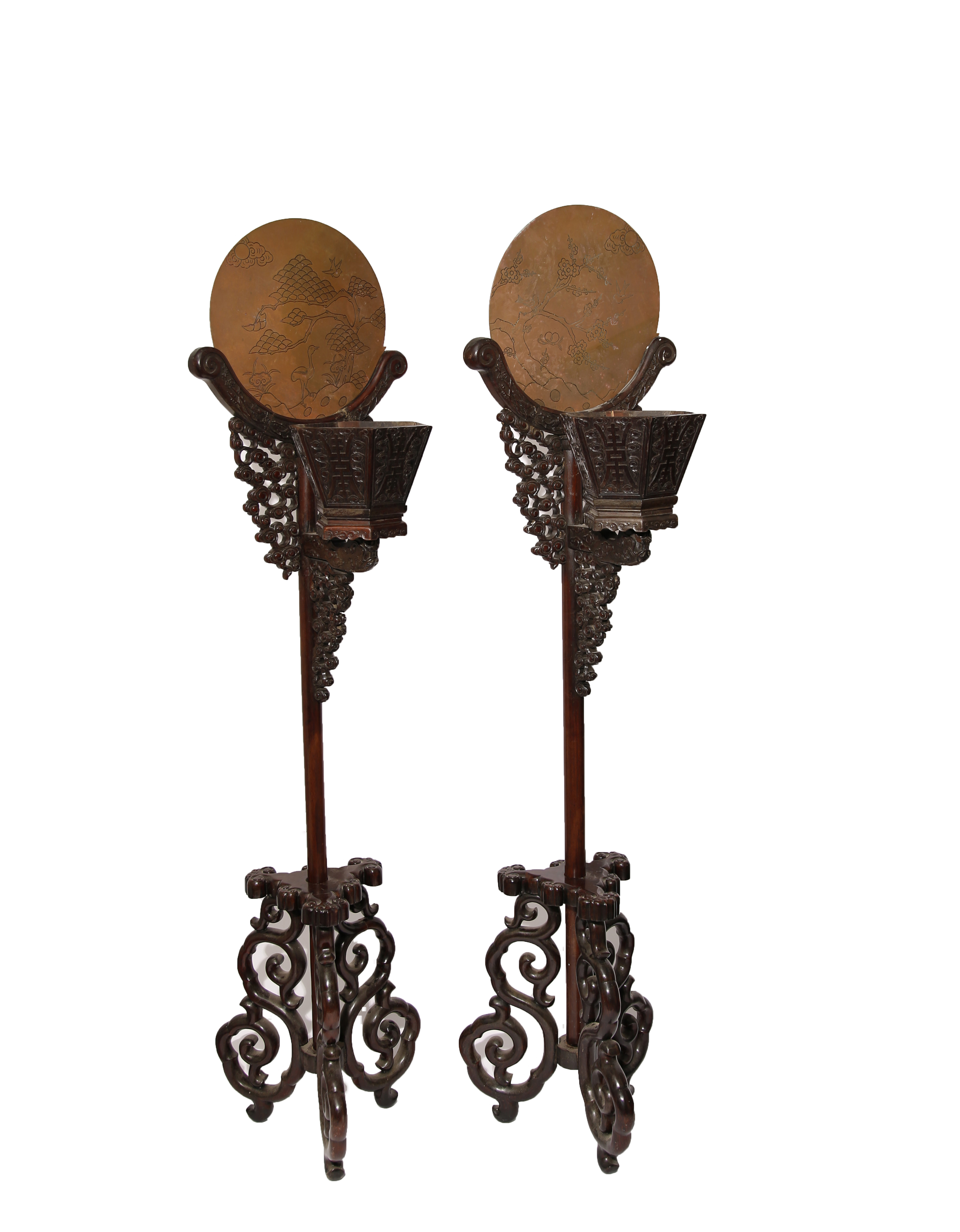 A PAIR OF CHINESE ZITAN HEXAGONAL-SECTION JARDINIERES ON STANDS 19TH CENTURY The jardinières