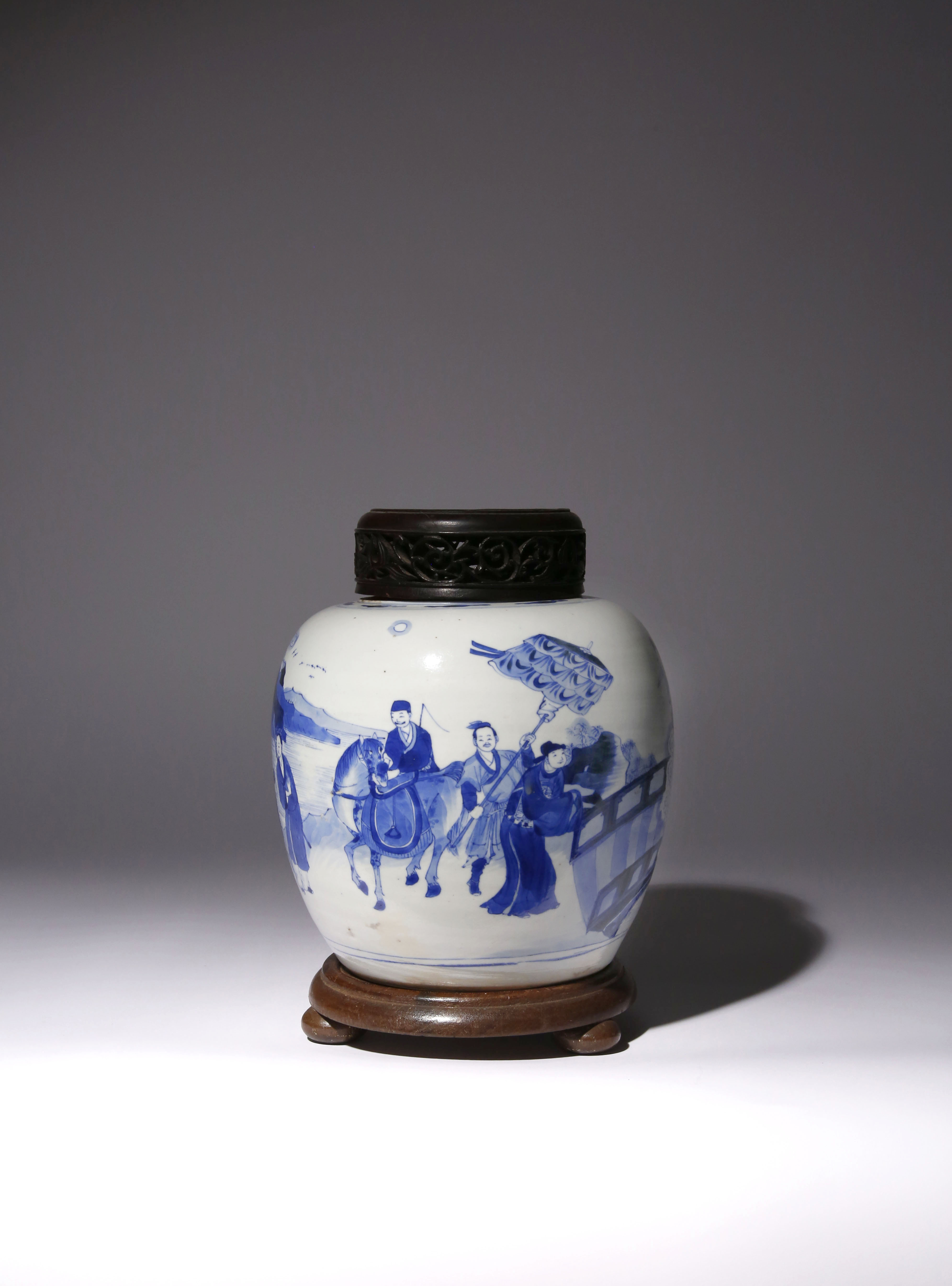 A CHINESE BLUE AND WHITE OVOID VASE KANGXI 1662-1722 Brightly painted in light and dark tones with