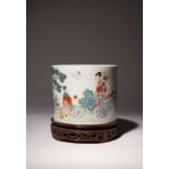 A LARGE CHINESE FAMILLE ROSE BRUSHPOT, BITONG QING DYNASTY The cylindrical body painted with three