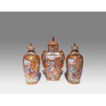 THREE CHINESE MANDARIN PALETTE 'FIGURAL' VASES AND COVERS 18TH CENTURY AND LATER Each brightly