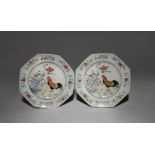 A PAIR OF CHINESE FAMILLE ROSE OCTAGONAL 'CHICKEN' PLATES YONGZHENG 1723-35 The central medallions