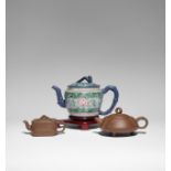 THREE CHINESE YIXING 'BAMBOO' TEAPOTS AND COVERS QING DYNASTY AND LATER Each decorated with a