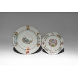 TWO CHINESE ARMORIAL PLATES MID 18TH CENTURY One octagonal painted with the arms of Wood of Barnsley