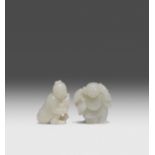 TWO CHINESE CELADON JADE CARVINGS OF LIU HAI AND A BOY QING DYNASTY OR LATER One formed as Liu Hai