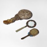 TWO CHINESE JADE AND SILVER MOUNTED MIRRORS AND A MAGNIFYING GLASS QING DYNASTY/REPUBLIC PERIOD