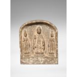 A CHINESE GREY LIMESTONE BUDDHIST STELE TANG DYNASTY DATED 717 AD Carved in high relief with