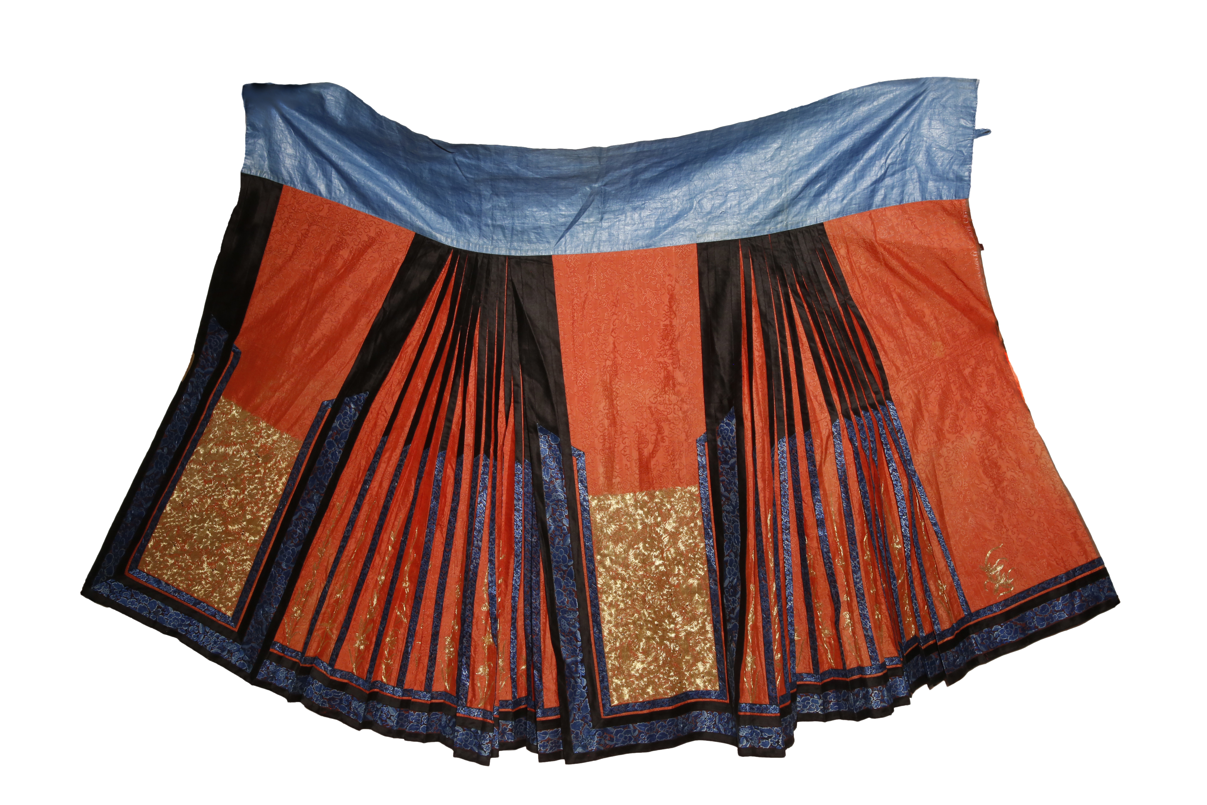 A CHINESE CORAL SILK SKIRT AND A BLUE SILK INFORMAL ROBE 19TH CENTURY Embroidered with couched - Image 2 of 3