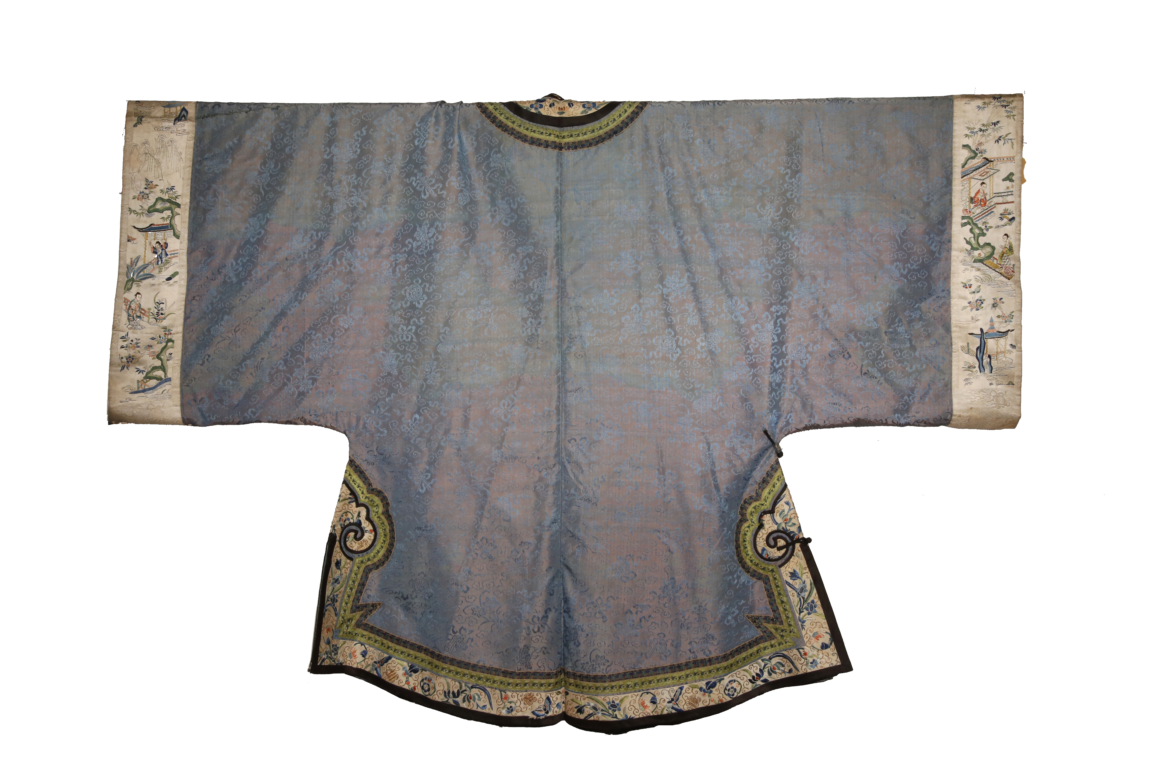 A CHINESE CORAL SILK SKIRT AND A BLUE SILK INFORMAL ROBE 19TH CENTURY Embroidered with couched - Image 3 of 3
