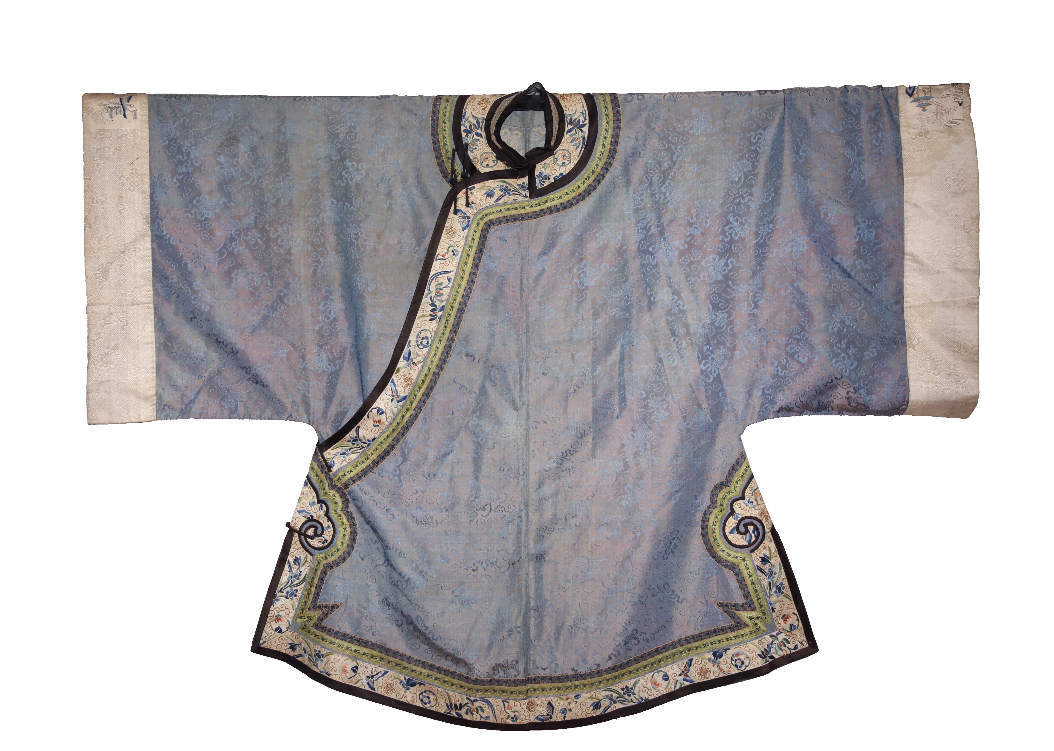 A CHINESE CORAL SILK SKIRT AND A BLUE SILK INFORMAL ROBE 19TH CENTURY Embroidered with couched