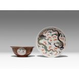 A CHINESE FAMILLE VERTE 'DRAGON' DISH AND A CAFE-AU-LAIT GROUND MEDALLION BOWL QING DYNASTY The dish