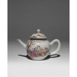 A CHINESE FAMILLE ROSE EUROPEAN SUBJECT TEAPOT AND COVER 18TH CENTURY The globular body painted with