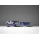 TWO CHINESE BLUE AND WHITE BOWLS QING DYNASTY AND LATER The smaller flared bowl decorated with large