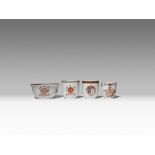 THREE CHINESE ARMORIAL COFFEE CUPS AND A SUGAR BOWL MID 18TH CENTURY One cup decorated with the arms