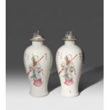 A PAIR OF CHINESE FAMILLE ROSE 'WU SHANG PU' VASES AND COVERS 19TH CENTURY Painted with figures