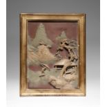 A CHINESE CARVED DUAN STONE LANDSCAPE PANEL 19TH/20TH CENTURY Carved in high relief depicting a