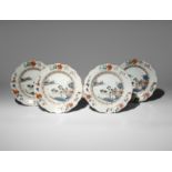 FOUR CHINESE FAMILLE ROSE SOUP PLATES 18TH CENTURY Each decorated with a central medallion