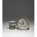 A CHINESE EN GRISAILLE AND GILT DECORATED FAMILLE ROSE COFFEE CUP AND SAUCER 18TH CENTURY