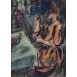 Léon Bonhomme (French 1870-1924) A lady seated at a table lighting a cigarette Signed Bonhomme (