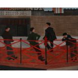 British School 20th Century Street scene with figures leaning against railings Oil on canvas 40.5