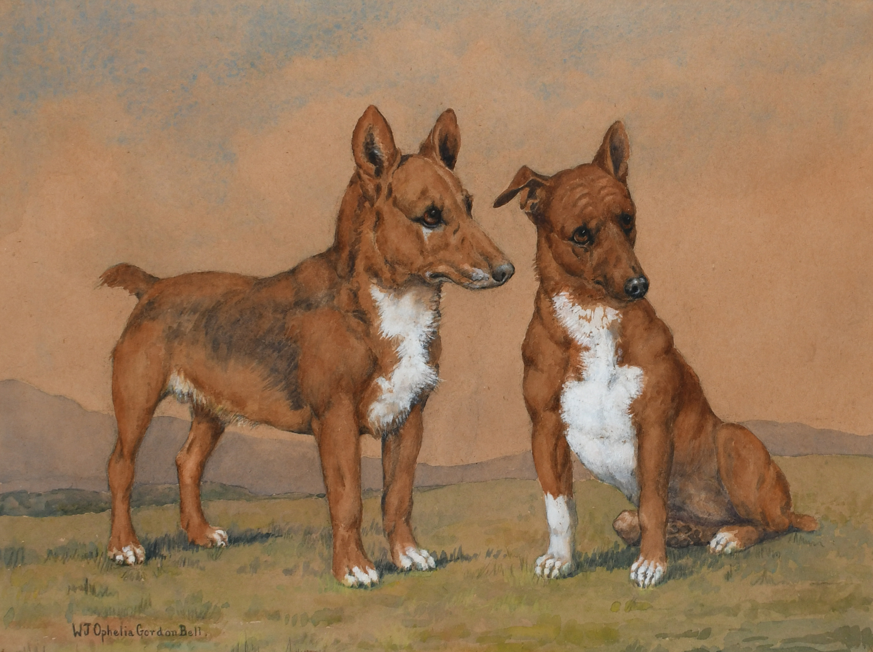 ‡Winifred Joan Ophelia Gordon Bell (1883-1973) Pippa and Jack, two corgis in a landscape Signed W
