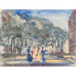 ‡Sir Frank Brangwyn RA, RWS, RBA (1867-1956) Figures outside a hotel Signed with monogram (lower