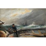 Frederick J. Sang (act.1884-1908) Sailor in heavy weather off the Jersey coast Signed F J SANG (