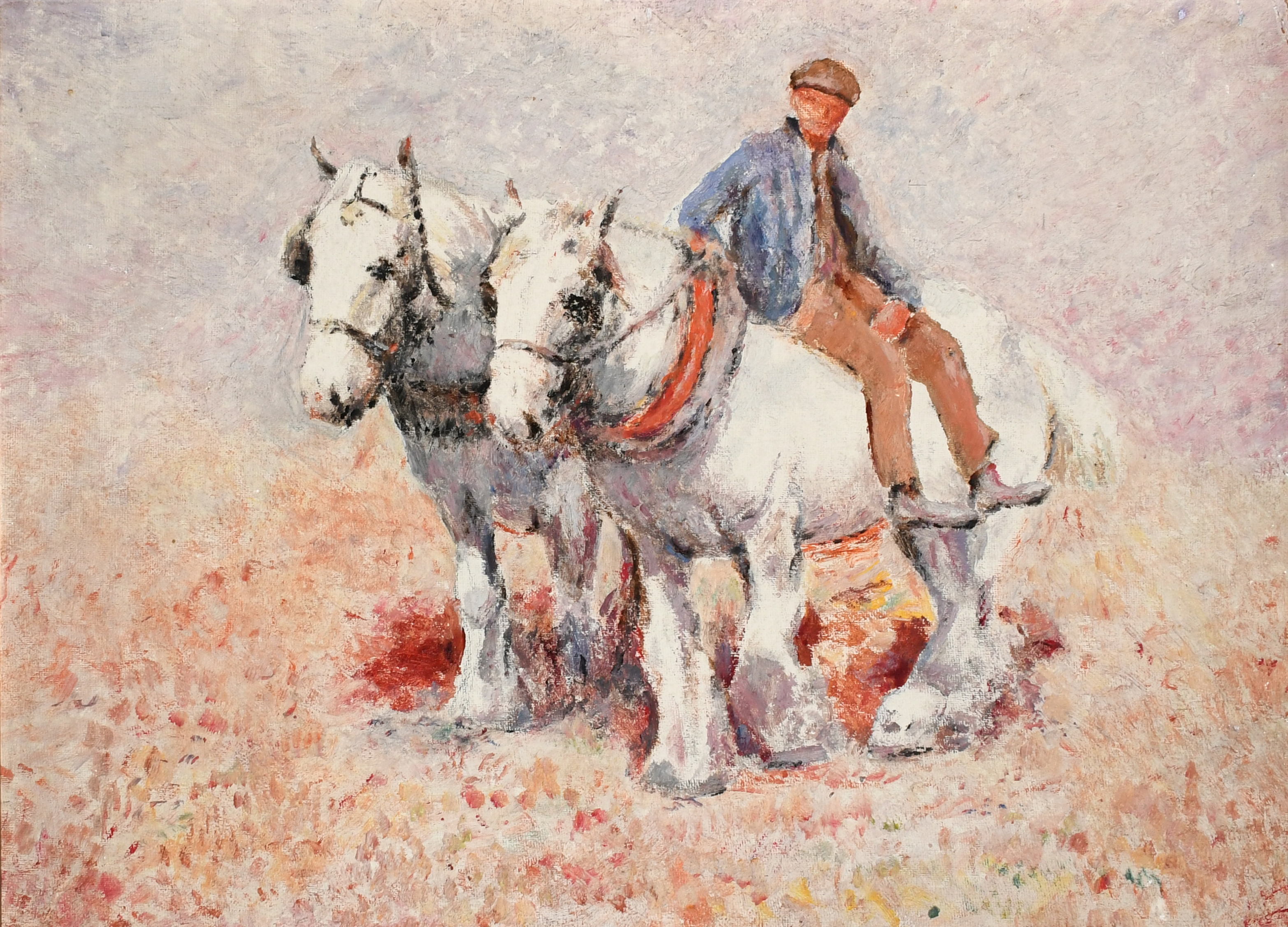 Harry Fidler (1856-1935) A farmer and his two draught horses Oil on canvasboard 35.1 x 47.8cm