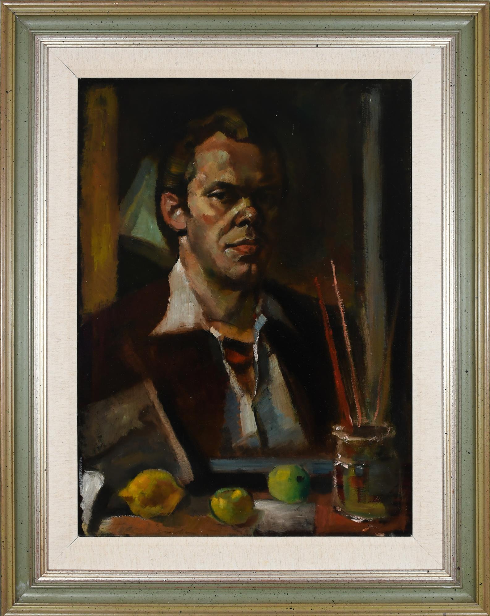 British School 20th Century Self-portrait with paintbrushes and fruit Oil on canvas 68.5 x 51cm - Image 2 of 3