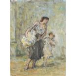 British School Early 20th Century Washerwoman and a child in the street Oil on board 16.4 x 12.1cm