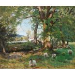 John Howard Lyon (1870-1921) Landscape with sheep by a stream and a cottage on the far bank Signed J