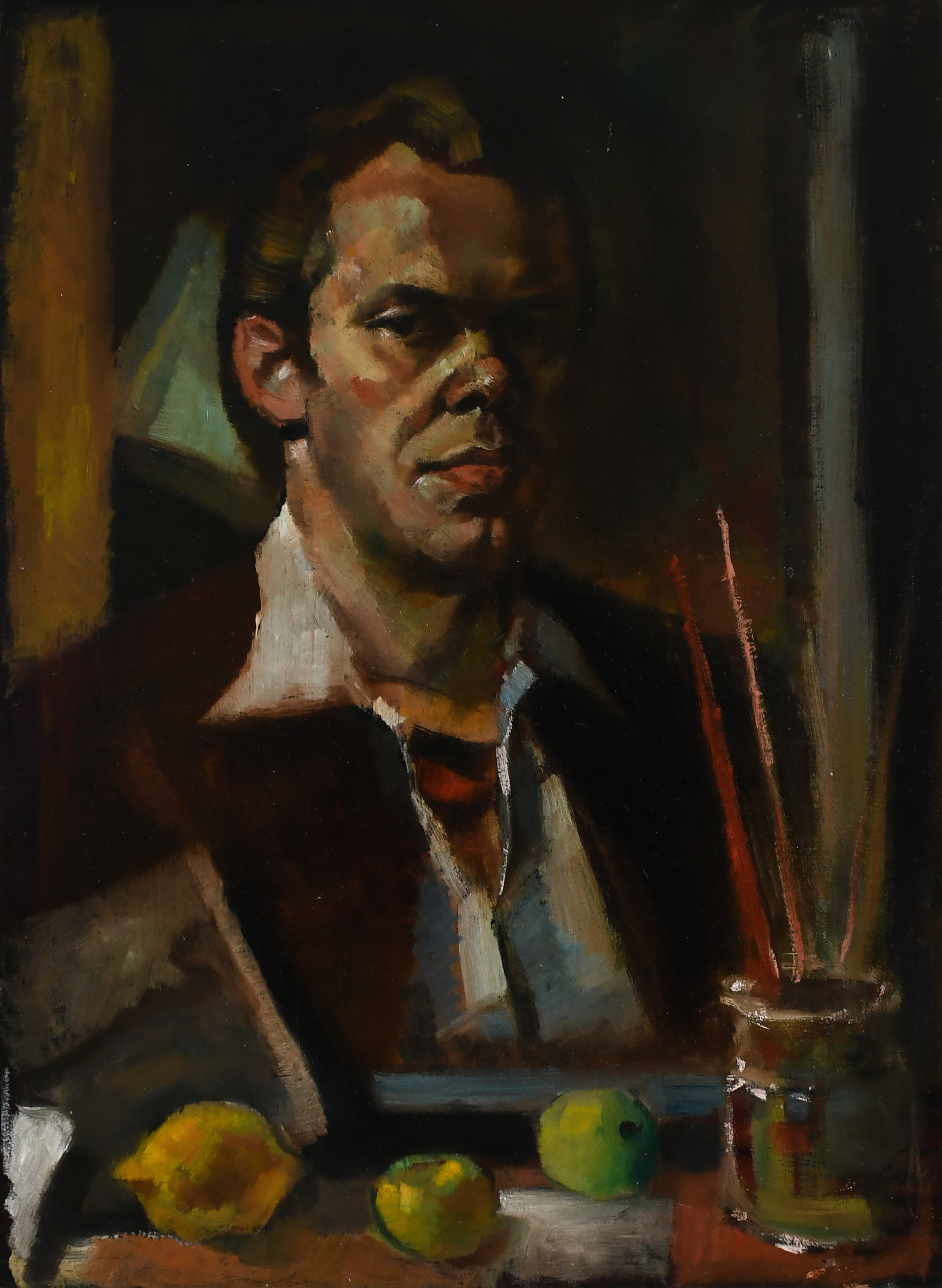 British School 20th Century Self-portrait with paintbrushes and fruit Oil on canvas 68.5 x 51cm