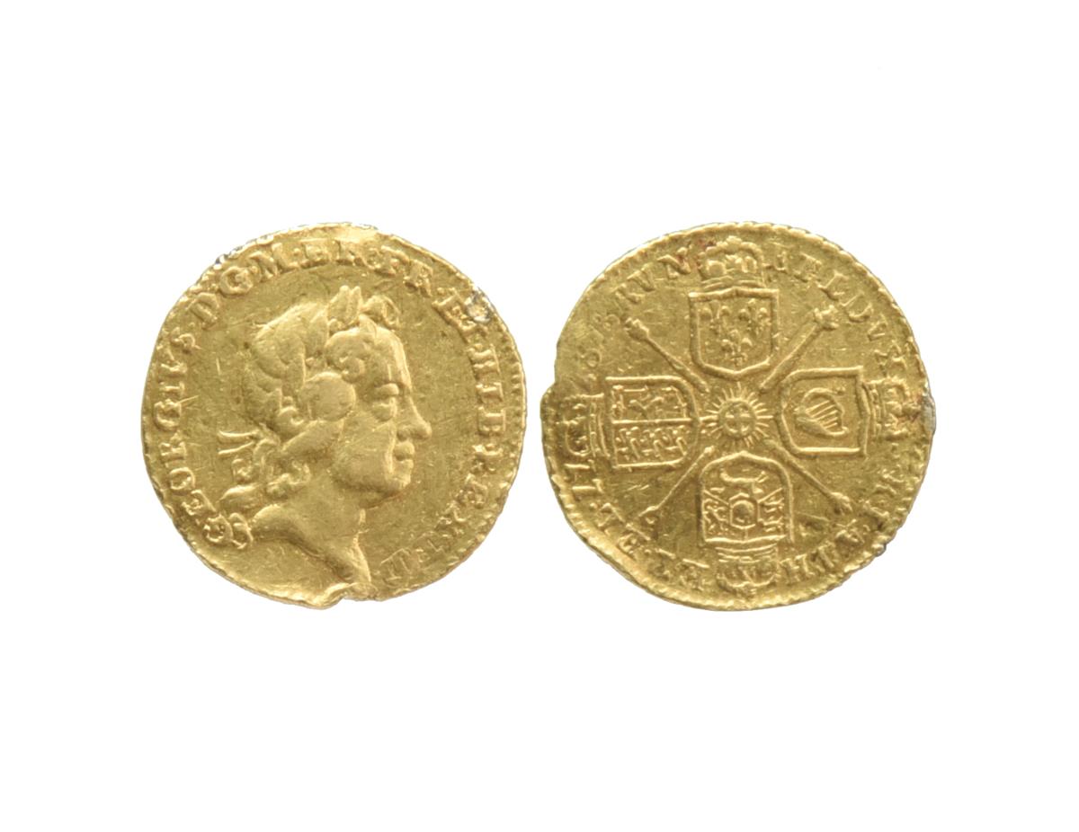 George I, gold quarter guinea, 1718, 2g (S 3638), edge dent at 5 o'clock, possibly removed from a