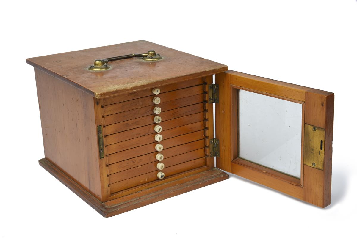 A small coin collectors cabinet, ten shallow drawers with bone handles, all enclosed by a glazed - Image 2 of 3