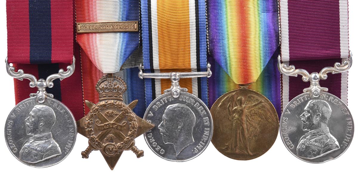 A Great War D.C.M. group of five medals to Sergeant Thomas Edward Evans, Royal Field Artillery: