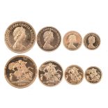 Elizabeth II, gold proof set, 1980, comprising: five pounds, two pounds, sovereign and half