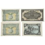 China: four bank notes: Gwa Swarmwun Yiack Bank, dollar (2), about uncirculated; Chip Yah Bank, five