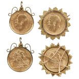 George V, gold sovereigns (2), 1913 and 1914 (S 3996), the first in a loose pendant mount stamped '