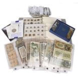 A small collection of coins and bank notes, British and overseas, including commemorative crown