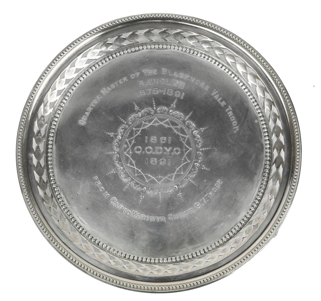 Queen's Own Dorset Yeomanry: a presentation silver waiter, circular form with pierced border, raised