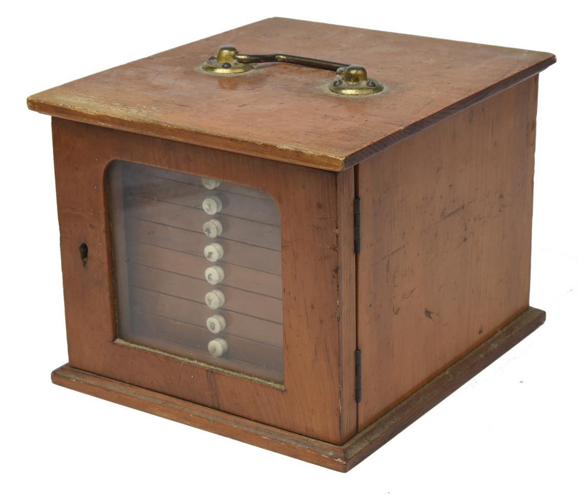 A small coin collectors cabinet, ten shallow drawers with bone handles, all enclosed by a glazed - Image 3 of 3