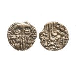 British Celtic coinage, gold stater, D. Cheriton type, crescent face, rev. tall horse left, crab