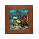 A William De Morgan 'Persian' Galleon tile on Poole Pottery Architectural blank, painted with the
