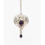 A Guild of Handicraft silver and amethyst pendant necklace, pierced and chased with a briar rose