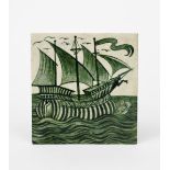 A William De Morgan Sands End Pottery Galleon tile, painted with a galleon at full sail on a calm