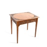A carved oak occasional table possibly Lake District, rectangular top carved with panels of