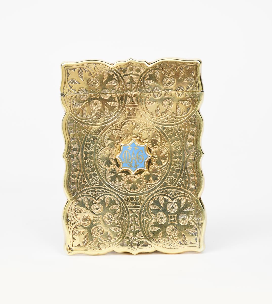 A Gothic Revival Hillard and Thomason silver gilt and enamel card case, dated 1851, shaped - Image 2 of 2